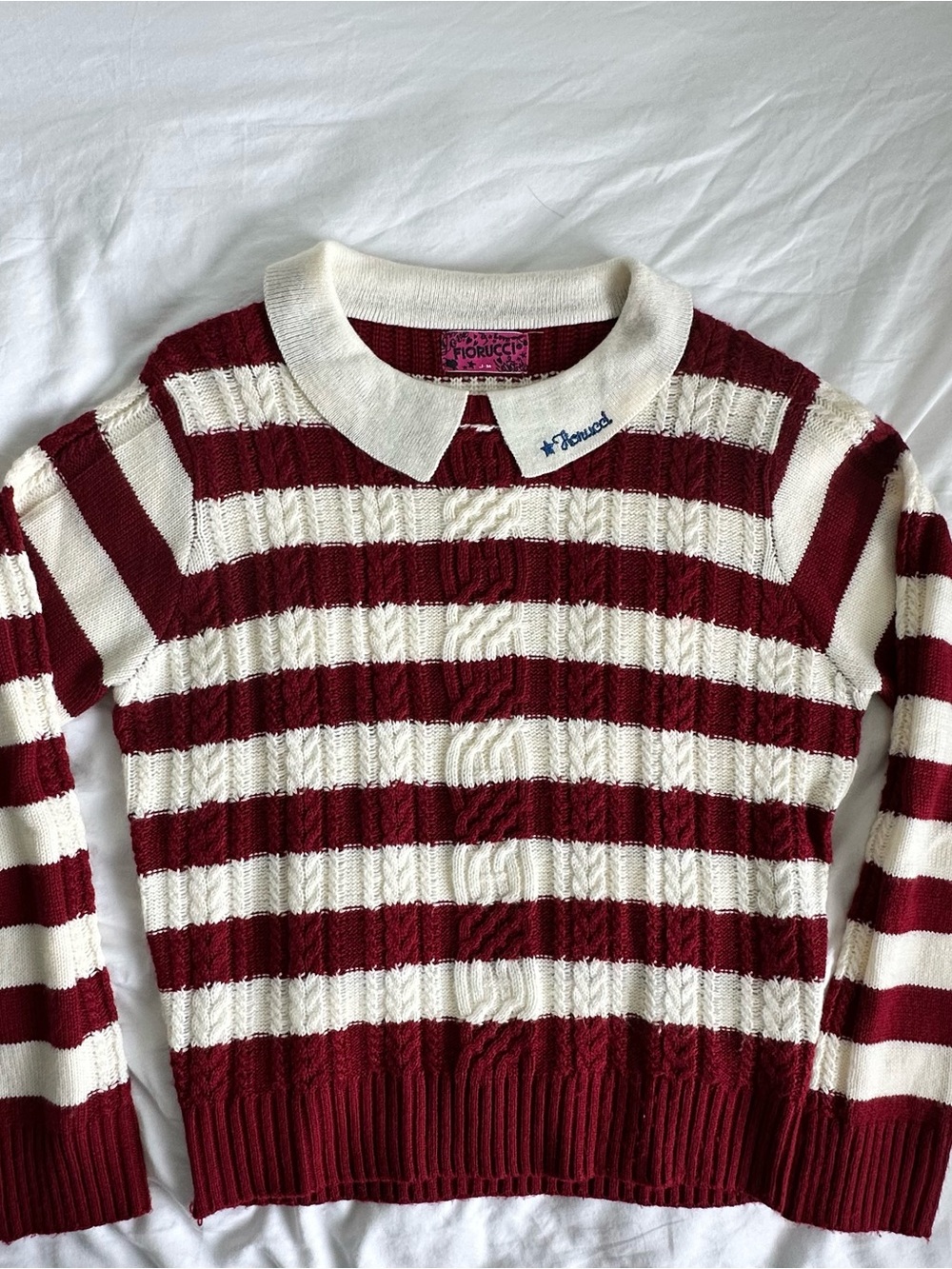 Fiorucci Burgundy and Cream Striped Cable-Knit Polo Sweater